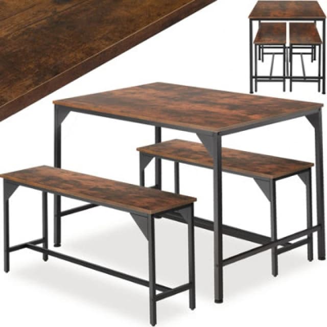 Tectake Dining Table Set Bolton - 3 Piece, 2 Benches - Industrial Wood Dark, Rustic