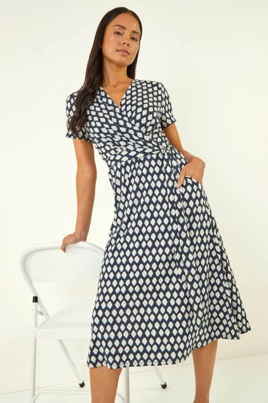 Roman Womens Petite Geometric Tie Waist Wrap Dress in Blue Size: 14 Blue Female 14