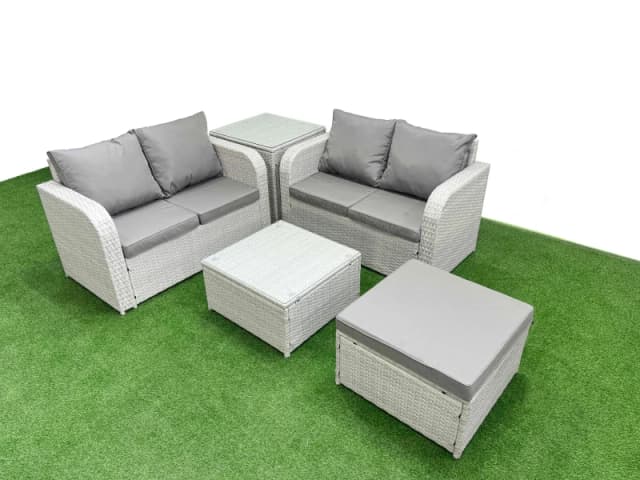 Fimous 5 Seater Outdoor Love Sofa Set Rattan Garden Furniture Set with Square Coffee Table Big Footstool Side Table Light Grey Light Grey