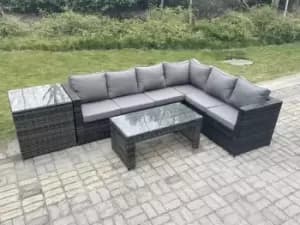 Fimous 6 Seater Outdoor Dark Grey Rattan Lounge Complete Sofa Set with Rectangular Coffee Table and Side Table