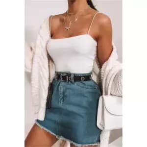 I Saw It First Light Wash Raw Hem A Line Denim Skirt - Blue