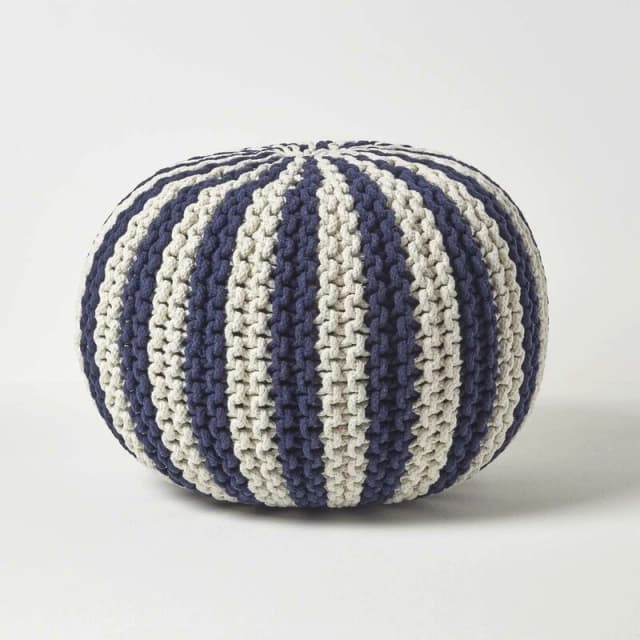 Homescapes Knitted Pouffe Striped Footstool 40 x 50cm Navy