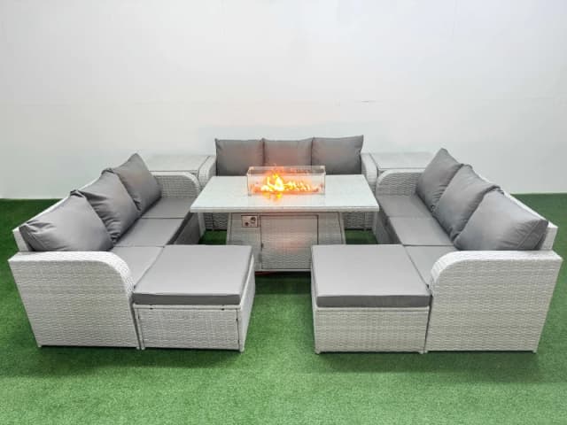 Fimous PE Rattan Lounge Sofa Set 11 Seater Outdoor Garden Furniture Set with Firepit Dining Table 3 Seater Sofa 2 Big Footstools 2 Side Table Light Gr