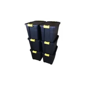 6 x 60L Heavy Duty Storage Tubs Sturdy, Lockable, Stackable and Nestable Design Storage Chests with Clips in Black