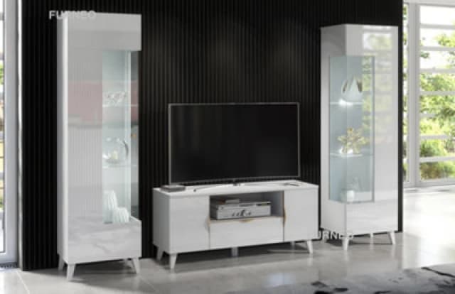 Furneo High Gloss & Matt White Living Room Set TV Stand Display Cabinets Azzurro 8/12 White LED Lights