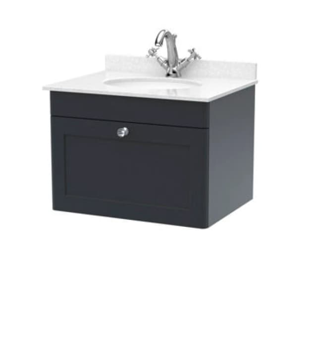 Nuie Classique Wall Hung 1 Drawer Unit & 1 Tap Hole White Marble Top With Oval Basin, Sink Vanity Unit In Soft Black With White