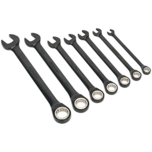 Loops 7pc PREMIUM Combination Ratchet Spanner Set 12 Point Metric Socket BLACK SERIES Black