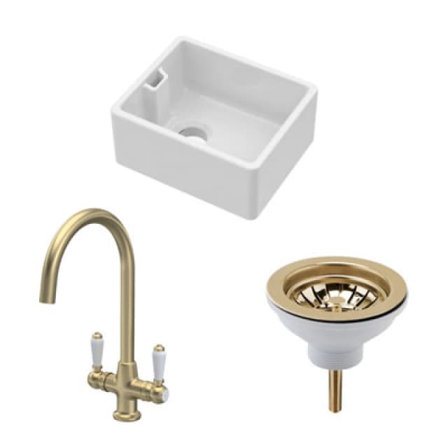 BALTERLEY Balterley - Fireclay Kitchen Bundle - Compact Single Bowl Belfast Sink, Strainer Waste & Mono Lever Tap, 460mm - Brushed Brass BSK219WT12