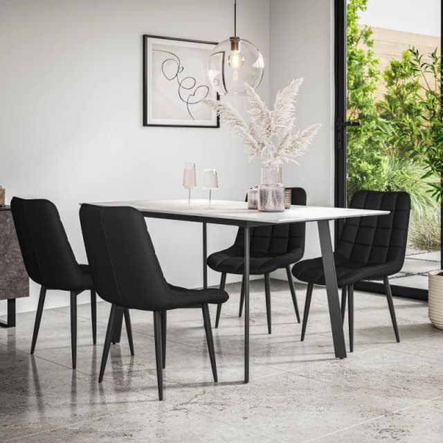 More4Homes Haydon Extending Dining Table + Chairs- White Marble Effect Table Top W Black Legs + 4 Nova Faux Leather Dining Chairs (Black)