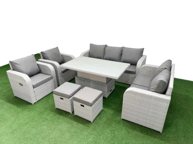 Fimous PE Rattan Garden Furniture Set Reclining Chair Sofa Double Love Seat 2 Seater Sofa Lounge Set Adjustable Lifting Dining or Coffee Table 2 Stool