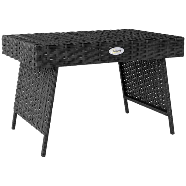Outsunny Foldable Outdoor Coffee Table, Steel Frame Rattan Side Table, Black Black