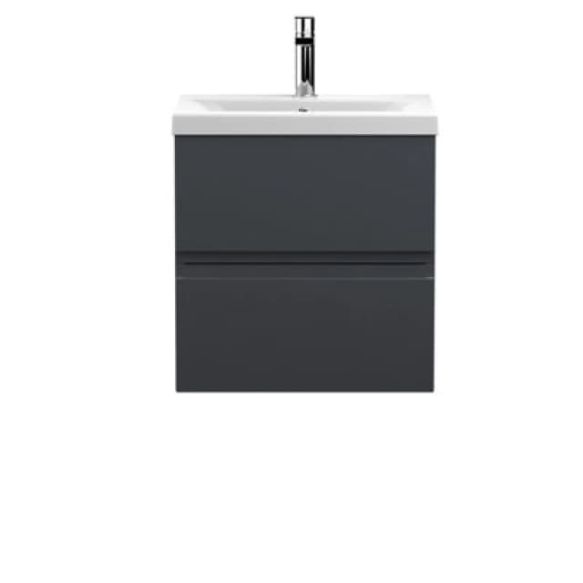 Nuie Hudson Reed Urban Wall Hung 2 Drawer Vanity Unit With Mid-Edge Ceramic Basin, Modern Bathroom Furniture In Soft Black, 500mm
