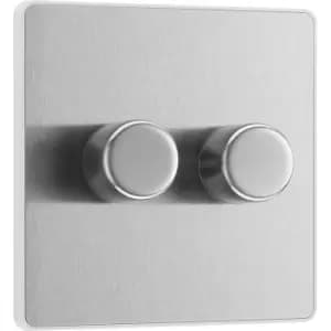 BG Evolve Brushed Steel (White Ins) Trailing Edge LED 200W Double Dimmer Switch, 2-Way Push On/Off in Silver