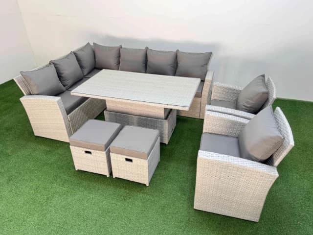 Fimous 10 Seat Garden Furniture Corner Sofa with 2 Small Footstool Light Grey Light Grey Unisex