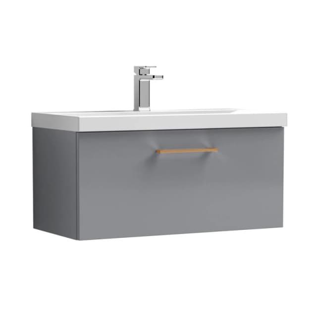 Balterley 800mm Wall Hung 1 Drawer Vanity Basin Unit, Satin Grey, Copper Handle in Grey Grey Unisex