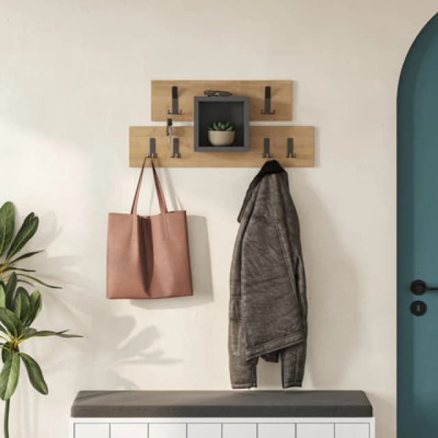 Decortie Lumina Modern Wall-Mounted Coat Rack, Wall Hanger With 6 Metal Hooks, Open Shelf Storage, 68X14.80Cm, Oak, Anthracite