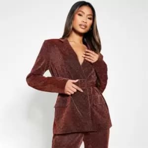 I Saw It First Belted Glitter Blazer With Shoulder Pads - Metallics
