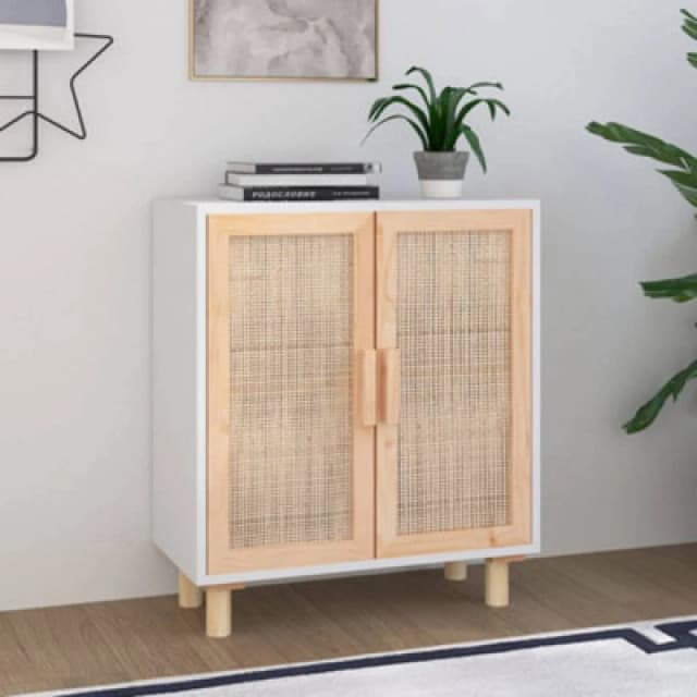 Vidaxl Sideboard White 60X30X70 Cm Solid Wood Pine And Natural Rattan, White 345630