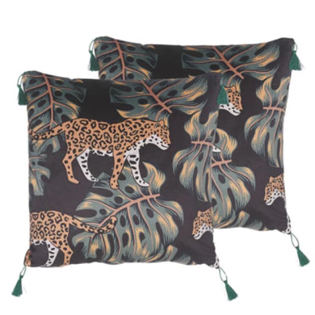 Beliani Set Of 2 Decorative Cushions Kuhi Velvet 45 X 45cm Black Animal Pattern