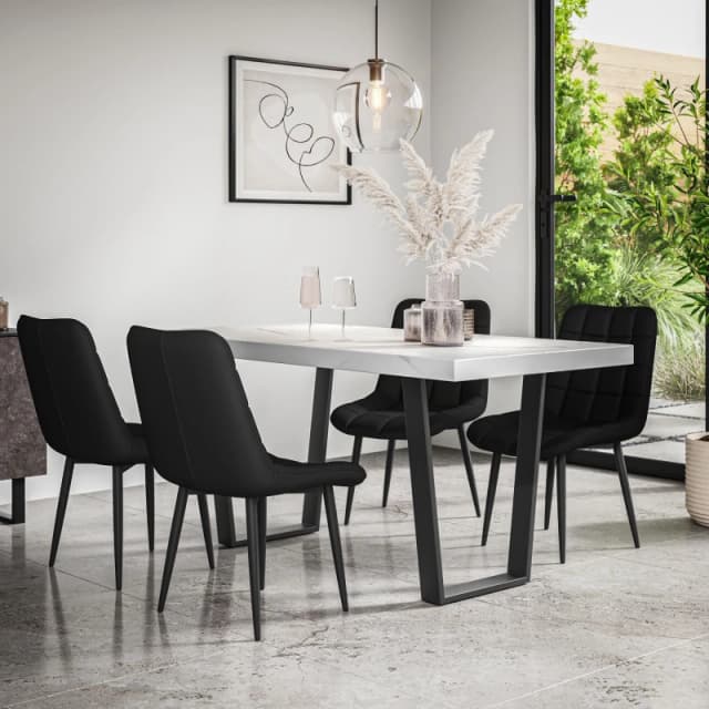 More4Homes Aria Dining Table And Chairs - White Marble Effect Table Top W Black Legs + Nova Faux Leather Dining Chair Set Of 4 (Black)