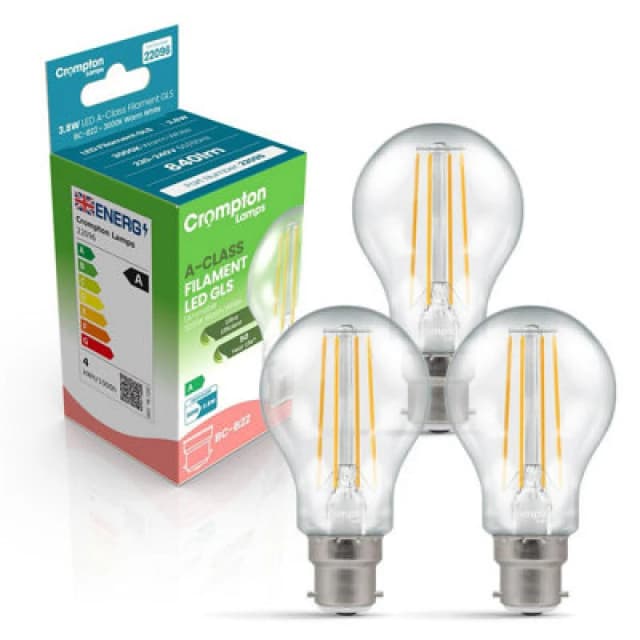 Crompton Lamps Crompton LED Ultra-Efficient Gls 3.8W B22 Dimmable A-Class (3 Pack) Warm White Clear (60W Eqv) (3 Pack)
