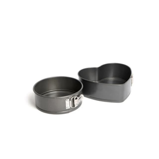 Masterclass 2pc Non-Stick Spring Form Loose Base Cake Pan Set with 18cm Round Cake Pan and Heart-Shaped Tin Grey