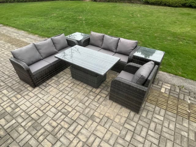 Fimous Outdoor Rattan Garden Furniture Sets Height Adjustable Rising lifting Dining Table Sofa Set with Reclining Chair 2 Side Tables Dark Grey