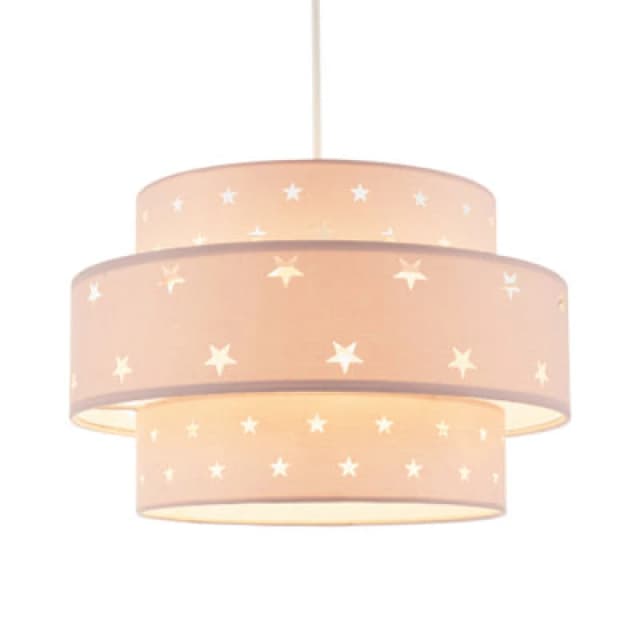 Happy Homewares Triple Tier Pink Cotton Fabric Kids Pendant Shade With Stars Decor
