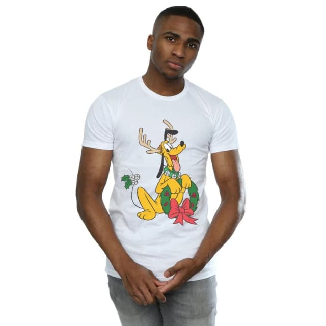 Disney Men Pluto Christmas Reindeer T-Shirt in White Size: Small White S Male 5059400324259