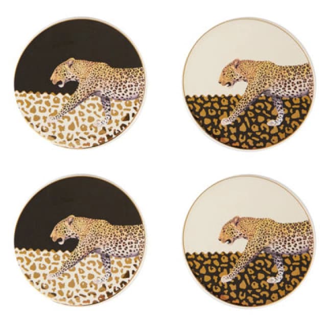 Orsina Stylish Set Of 4 Coasters,black & White Leopard Design Coasters With Gold Detailing,stoneware Coasters