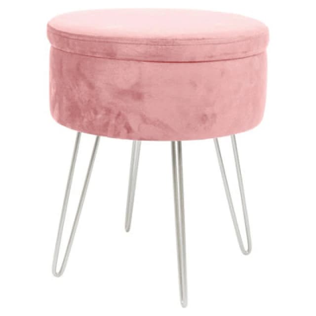 Harbour Housewares Velvet Storage Footstool - Round Modern Dressing Table Footstool Vanity Seat Chair - 45 X 36Cm - Pink/silver