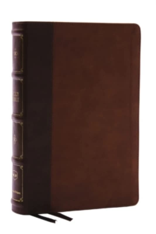 NKJV, Large Print Thinline Reference Bible, Blue Letter, Maclaren Series, Leathersoft, Brown, Comfort Print. Leather / fine binding. By Thomas Nelson