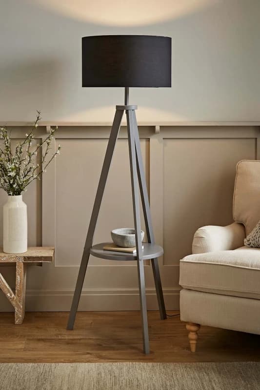 ValueLights Morrigan Grey Wood Tripod Floor Lamp With Fabric Drum Lamp Shade Black