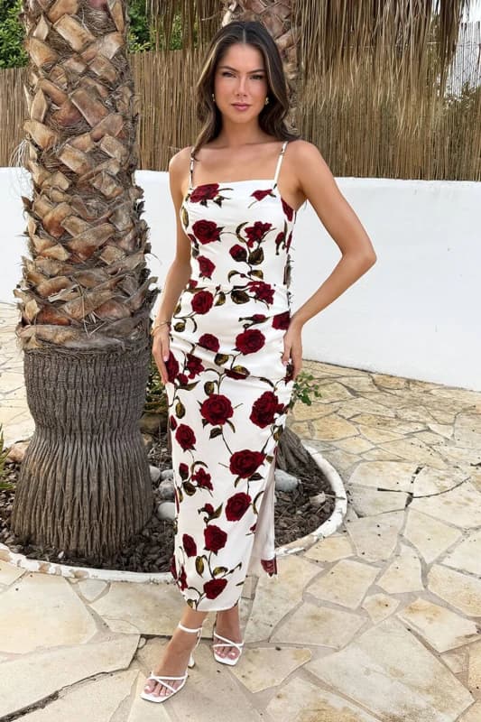 AX Paris Womens Cream Rose Printed Ruched Side Strappy Midi Dress Size: 8 Cream Female 8