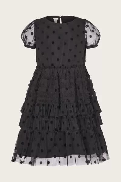 Spot Flock Mesh Tiered Dress