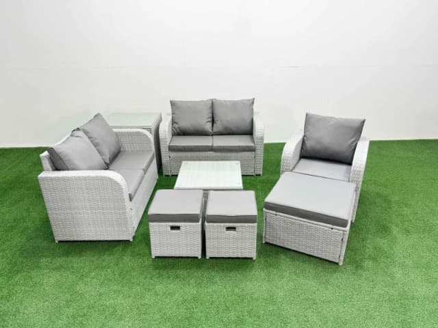 Fimous High Back Poly Rattan Garden Furniture Set with Reclining Chair Loveseat Sofa Square Coffee Table Indoor Outdoor Patio Set 3 Stools Side Table