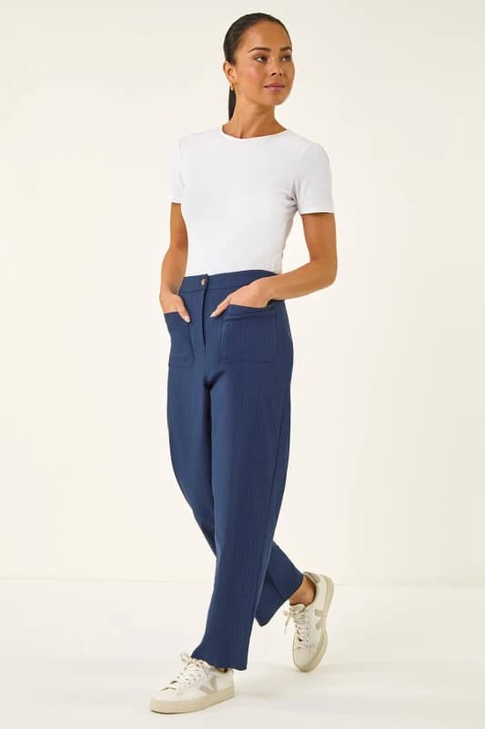 Roman Womens Petite Stripe Bengaline Stretch Trouser in Blue Size: 18 Blue Female 18