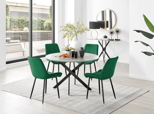 FurnitureboxUK FurnitureboxUK Novara Grey Concrete Effect Black Leg 120cm Round Dining Table & 4 Pesaro Black Leg Chairs in Green Green One Size Unise