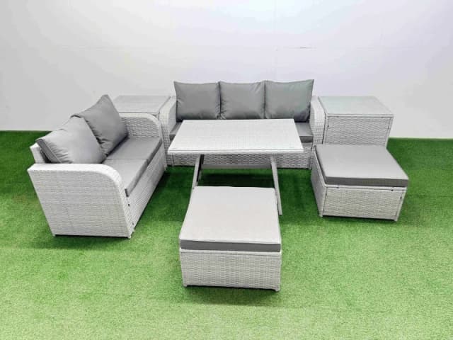 Fimous Rectangular Dining Table Sofa Set with 2 Big Stool 2 Side Tables in Light Grey Light Grey Unisex
