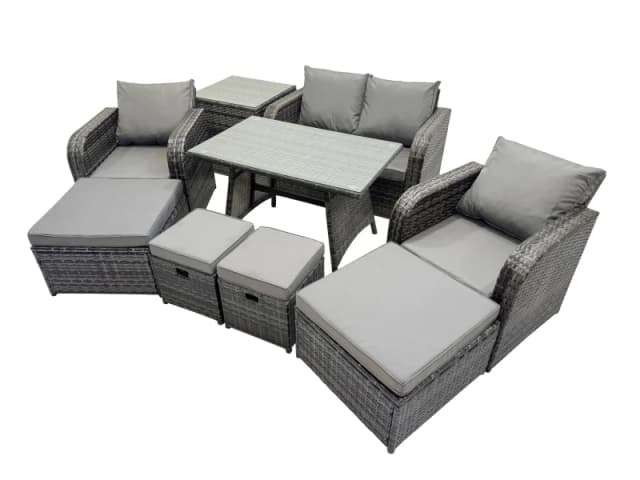 Fimous 8 Seater Rattan Sofa Oblong Dining Table with 2 Big Stool Side Table in Dark Grey Dark Grey Unisex