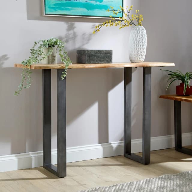 Home Source Live Edge Console Table Solid 26mm Acacia Top Black Metal Legs