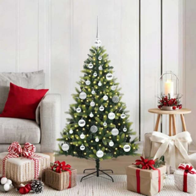vidaXL Artificial Hinged Christmas Tree 150 LEDs, Silver Balls Green 120 cm, Green 3395978