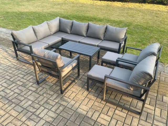 Fimous Aluminium Garden Furniture Set Outdoor Indoor Lounge Corner Sofa 3 Pcs Chair Oblong Coffee Table Sets with 2 Small Footstools Dark Grey Dark Gr