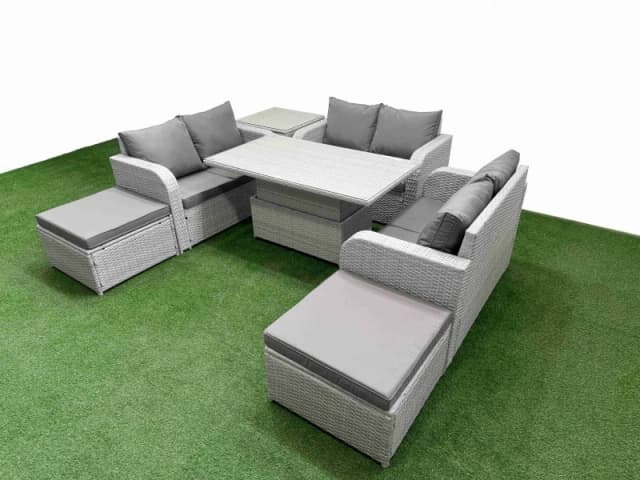 Fimous 8 Seater PE Wicker Rattan Furniture Sofa Sets with Adjustable Lifting Dining or Coffee Table 2 Seater Love Sofa 2 Big Footstool Side Table Ligh