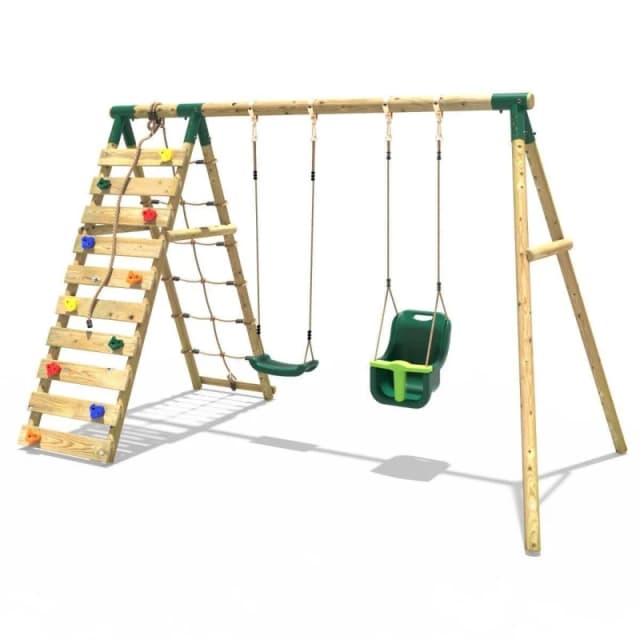 Rebo Wooden Double Swing Set with Baby Seat and Up and Climbing Wall - Kai Green Green