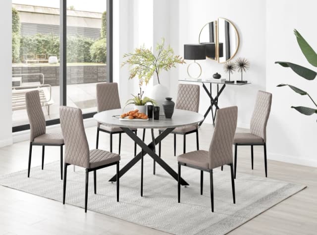 FurnitureboxUK FurnitureboxUK Novara Grey Concrete Effect Black Leg 120cm Round Dining Table & 6 Milan Black Leg Chairs in Beige Beige One Size Unisex