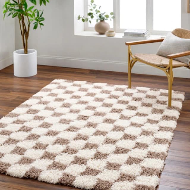 Livabliss Shaggy Modern Plush Pile Brown Checkered Willa Area Rug 130 X 170 Cm - Easy Care, Non Shedding, Ideal For Living Room & Bedroom