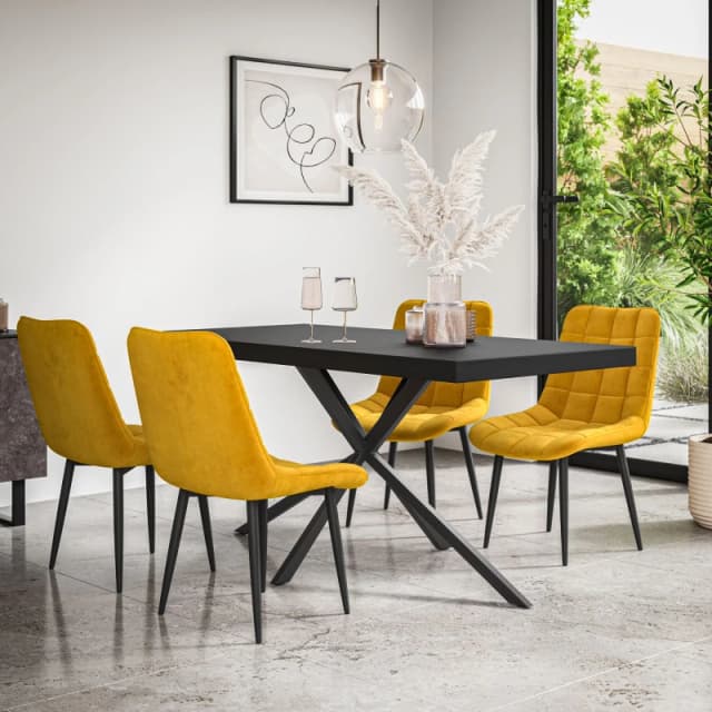 More4Homes Donni Dining Table And Chairs - Black Table Top W Black Legs + Nova Velvet Dining Chair Set Of 6 (Mustard)