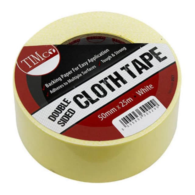 Timco Double Sided Cloth Tape - White (Size 25m x 50mm - 1 Each) White