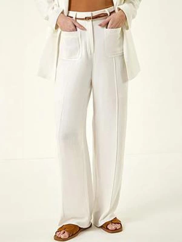 Roman Womens Linen Blend Belted Trouser in Ivory Size: 20 Ivory Female 20